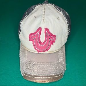 VTG True Religion Heavy Distressed Black White Pink Embroidered Strapback U Hat